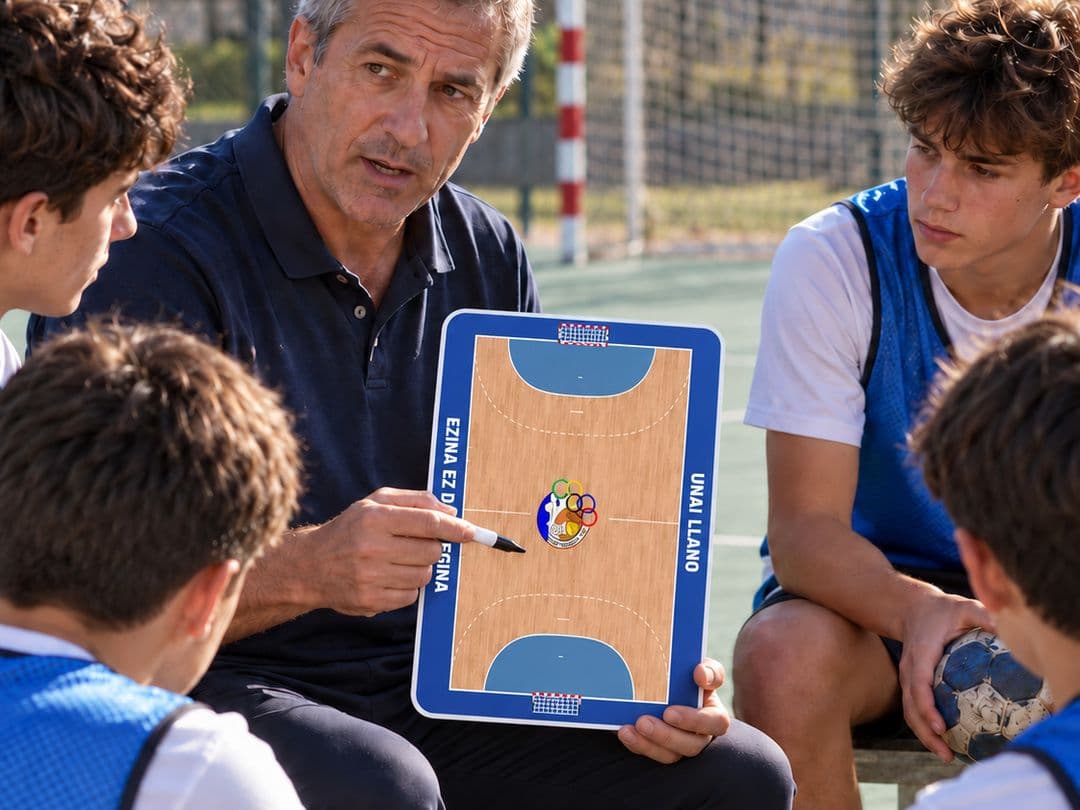 A handball coach explains a play on the whiteboard to his players on court