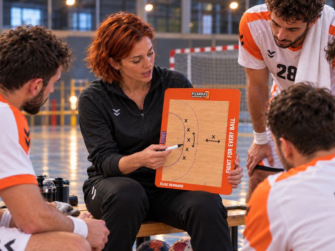 A handball coach explains a play on the whiteboard to her team on the bench